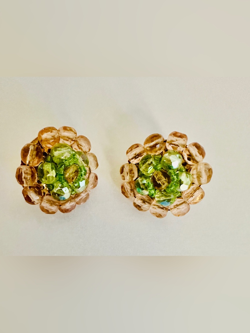 Earrings Vintage Peridot Green Peach Rose Crystal Cluster Clip On Earrings